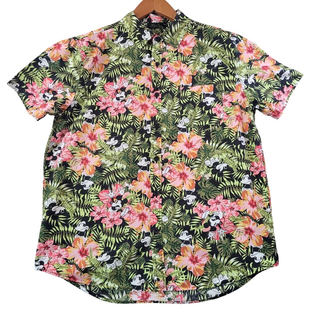 Disney Mickey Mouse Tropical Hawaiian Camp Shirt Floral Vacation L